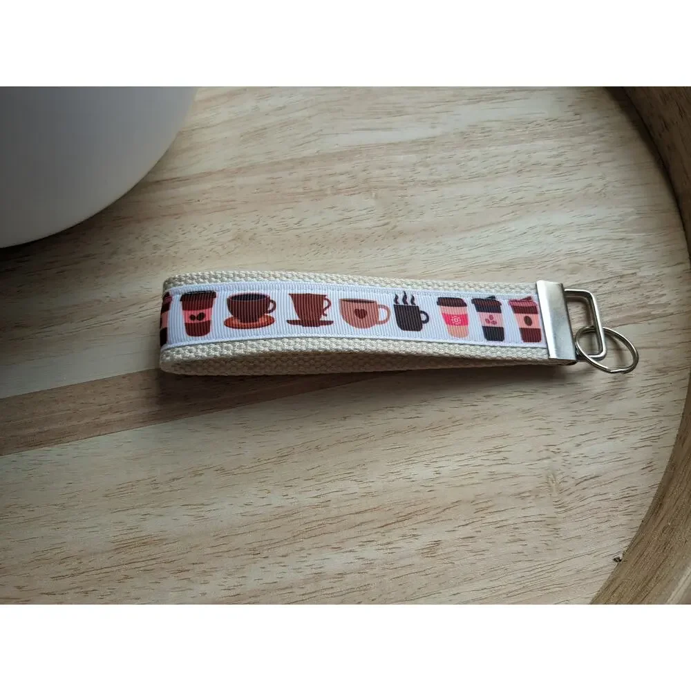 Coffee Cup Keychain Wristlet Feather Boho Fabric Key Ring FOB Espresso Gift Item